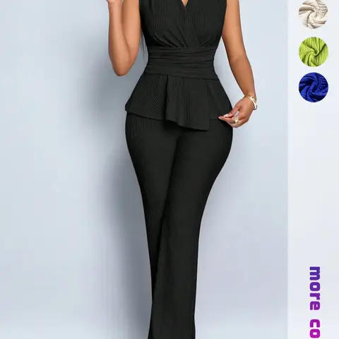 Women's Plain Sleeveless High-Waist Knit Two-Piece Set, Slimming Flared Bell Bottoms, Elegant Formal Office Wear, Chic and Stylish Aesthetic