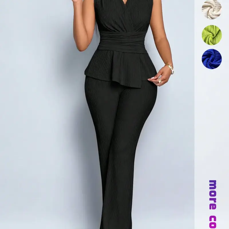 Women's Plain Sleeveless High-Waist Knit Two-Piece Set, Slimming Flared Bell Bottoms, Elegant Formal Office Wear, Chic and Stylish Aesthetic