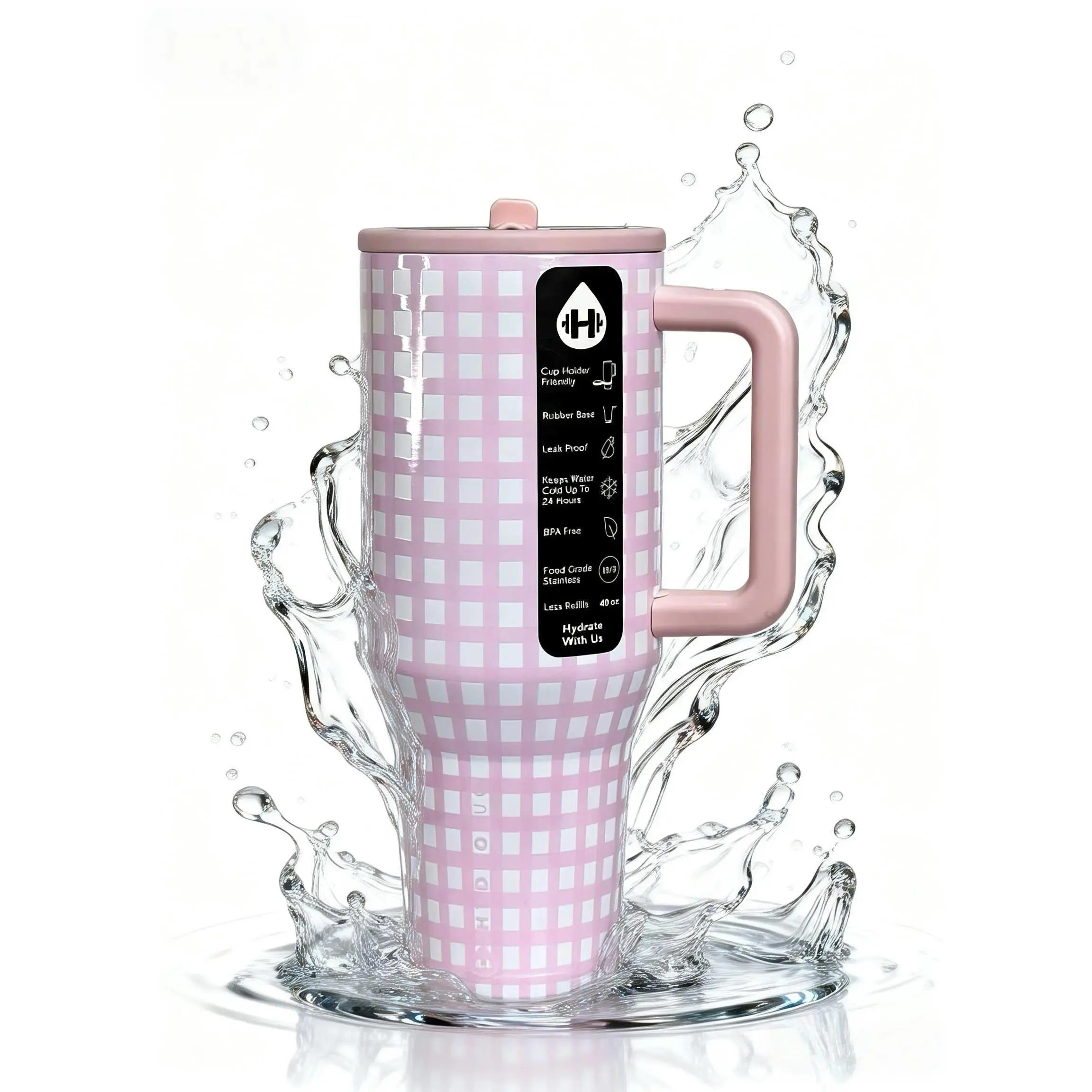 HydroJug Traveler 40oz Pink Plaid Bottle With Flip-Top Straw Design, Leak-Proof Seal Stainless Steel Insulated Sports Water Tumbler For Men Women, Portable Hydration Companion, 24 Hours Cold Retention, BPA Free