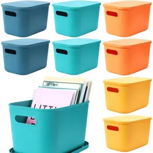8 Pieces Colorful Storage Bins with Lid, Plastic Storage Basket Organizing Container Stackable Box with Handle for Shelves Desktop Playroom Office(10.2 x 7 x 6.3 Inch,Multi-colored)