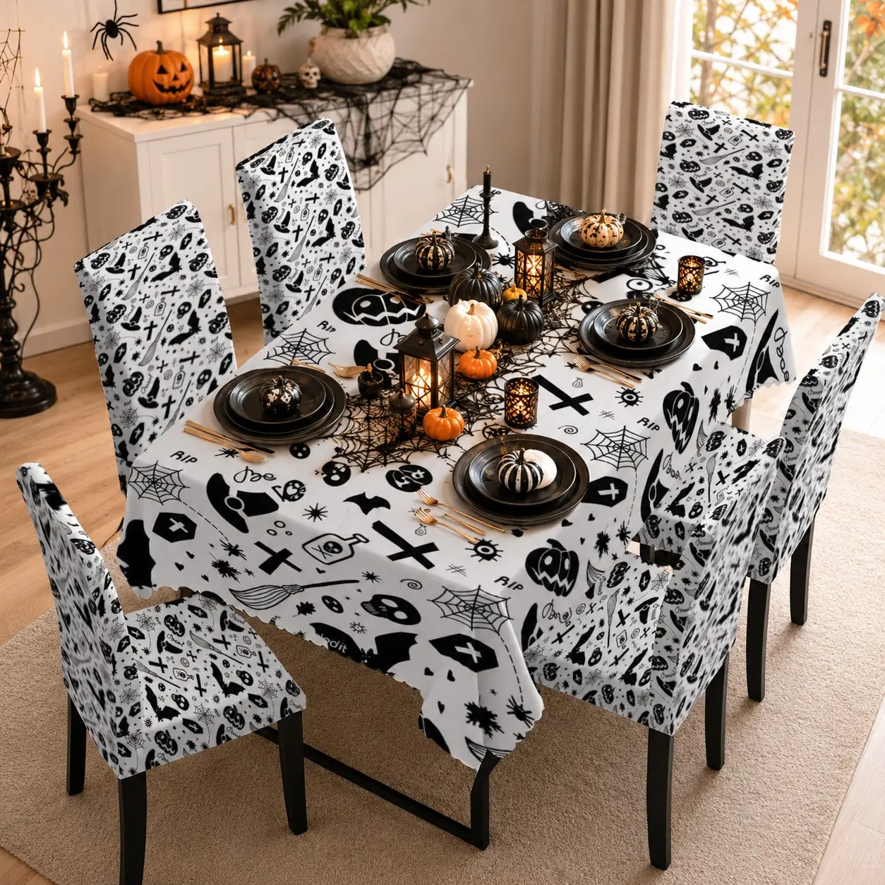 5/7 Pcs Black White Witch Hat Broom Skull Pumpkin Halloween Print Tablecloth & Chair Cover Set, Decoration Set, Spooky Party Decor, Stretch Removable Washable Dining Chair Slipcover, For Halloween Parties, Family Gatherings & Home Table Decor