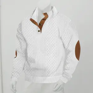 Men's Casual Long Sleeve Knit Pullover Sweater with Mock Neck, Button Collar, and Elbow Patches