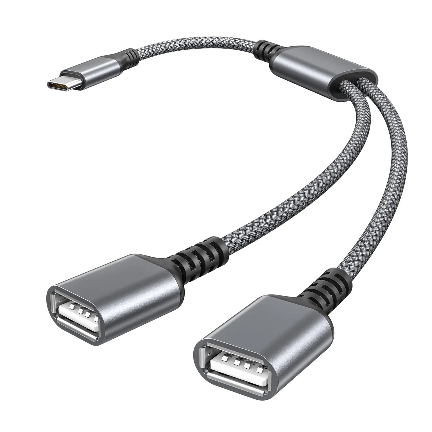 Nylon Braided OTG Enabled USB-C Male to USB Female OTG Splitter Adapter (1FT) - Thunderbolt 5-4-3 to 2-Port Type A 2.0 Cord Hub for MacBook (17 Air,16-15 Pro), iPad Mini, S25 Devices