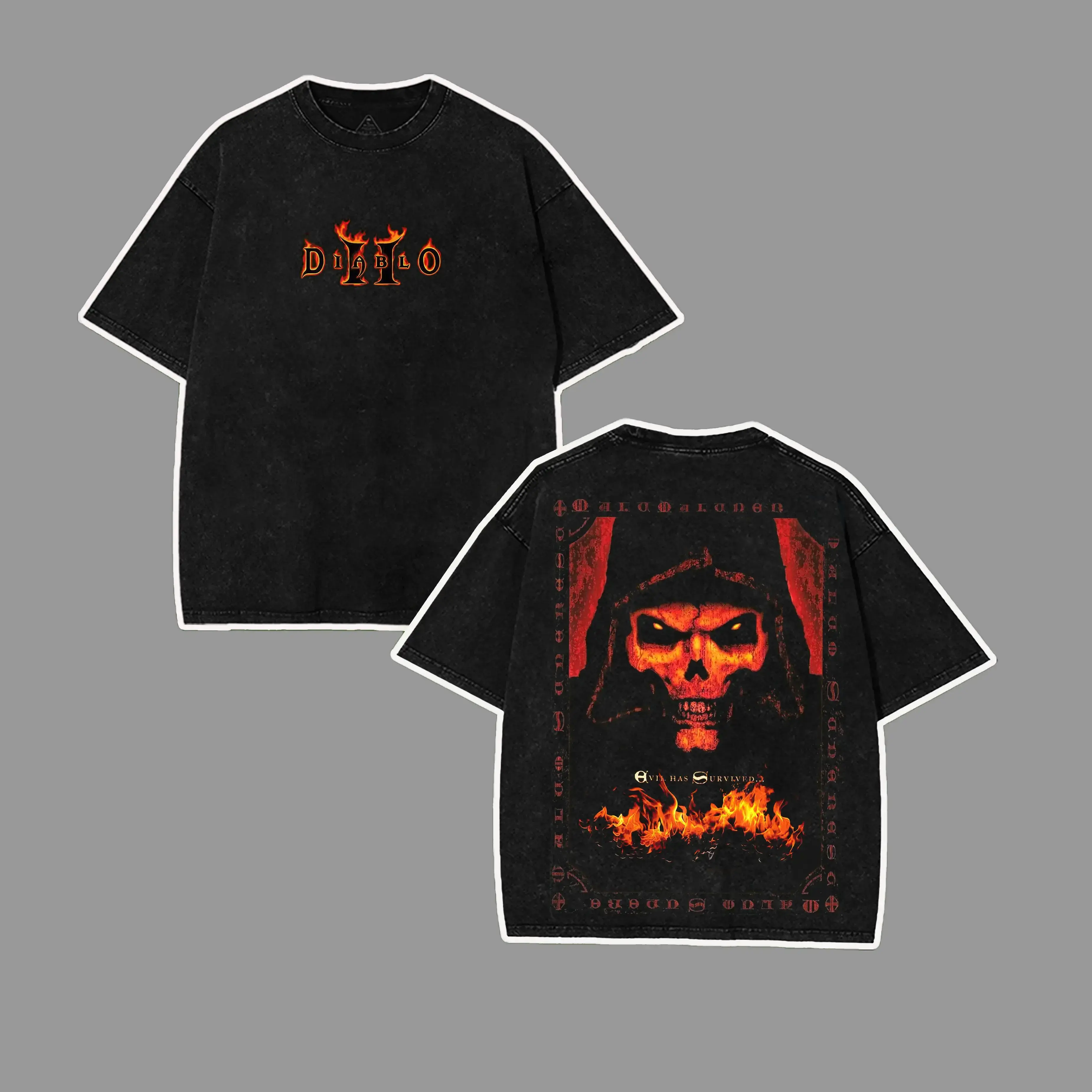 Retro Diablo II Fire Flame Chest Logo & Framed Hooded Red Glow Skull Sorcerer Bottom Flame Dual-Sided Vintage Washed Black T-Shirt, Unisex Oversized Heavyweight Cotton Streetwear Top, Ideal Gift for Diablo Fans