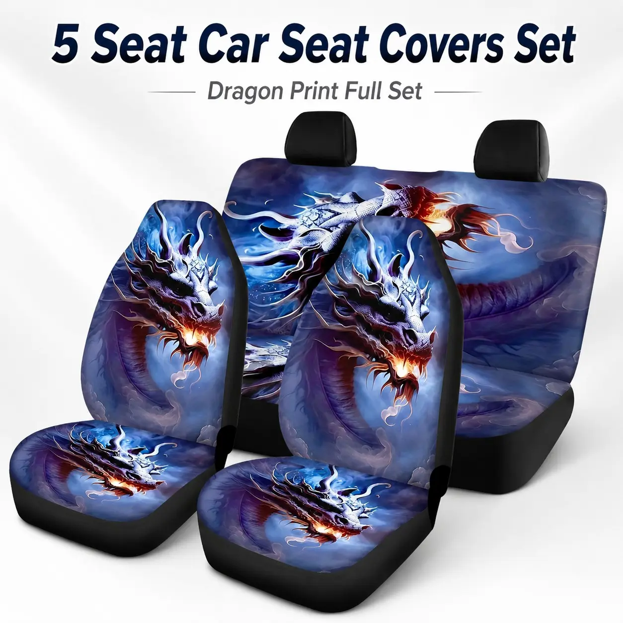 Dragon Car Seat Covers Full Set, Automotive Seat Covers, Universal Fit for 2/5 Seats, Printed Front & Rear Covers, Auto Interior Decor for Cars Suvs Trucks, Car Accessories