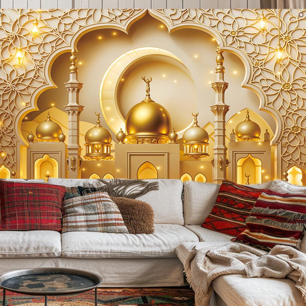 Ramadan Theme Backdrop, 1 Count Exquisite Mosque & Moon Pattern Backdrop, Decorative Banner for Home Party Wedding Festival