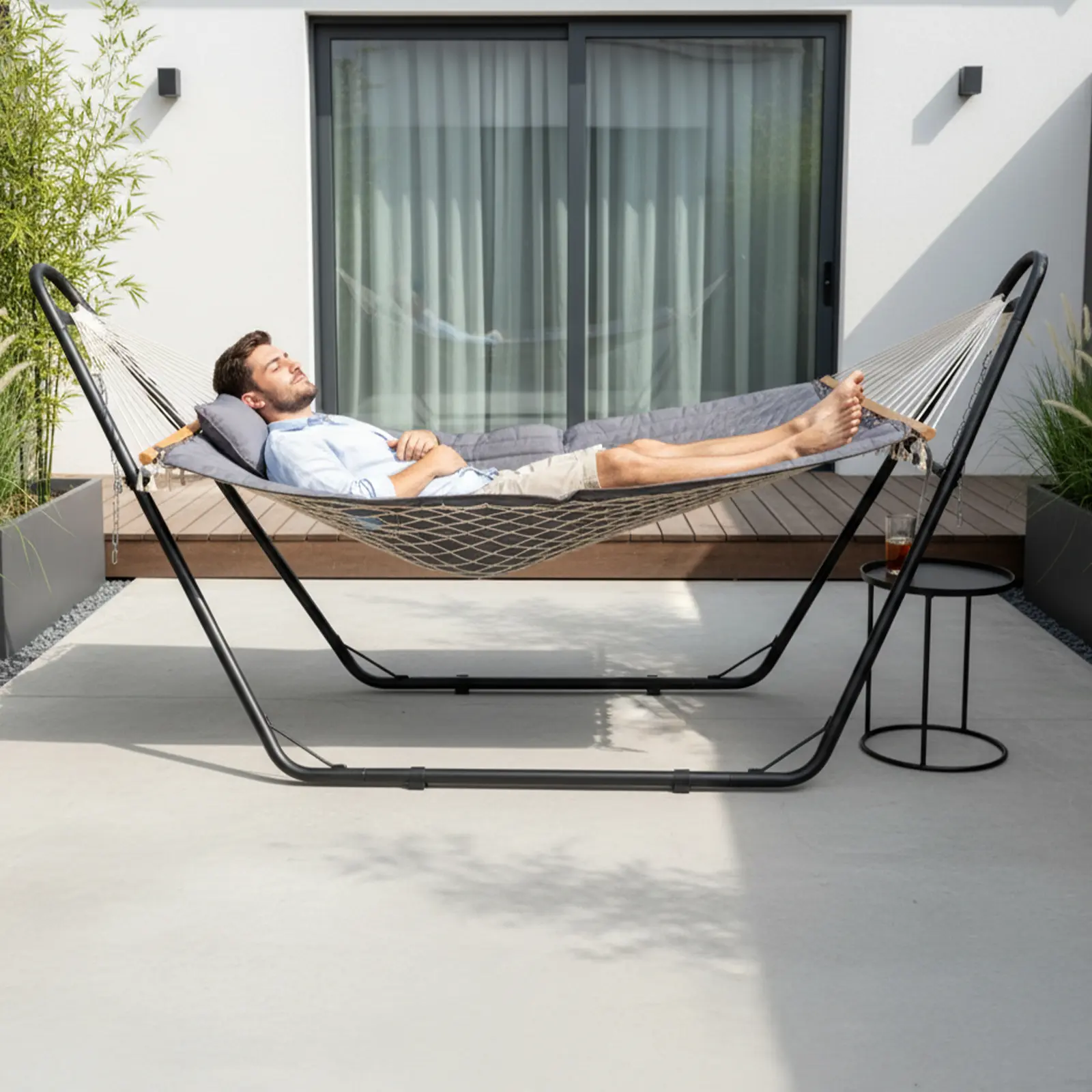 UGEM Double Hammock with Stand Included, Heavy Duty Adjustable Steel Frame Combo, Anti-Flip 2-Person Freestanding Hammock Bed for Outdoor Patio, Yard, Garden, Gray
