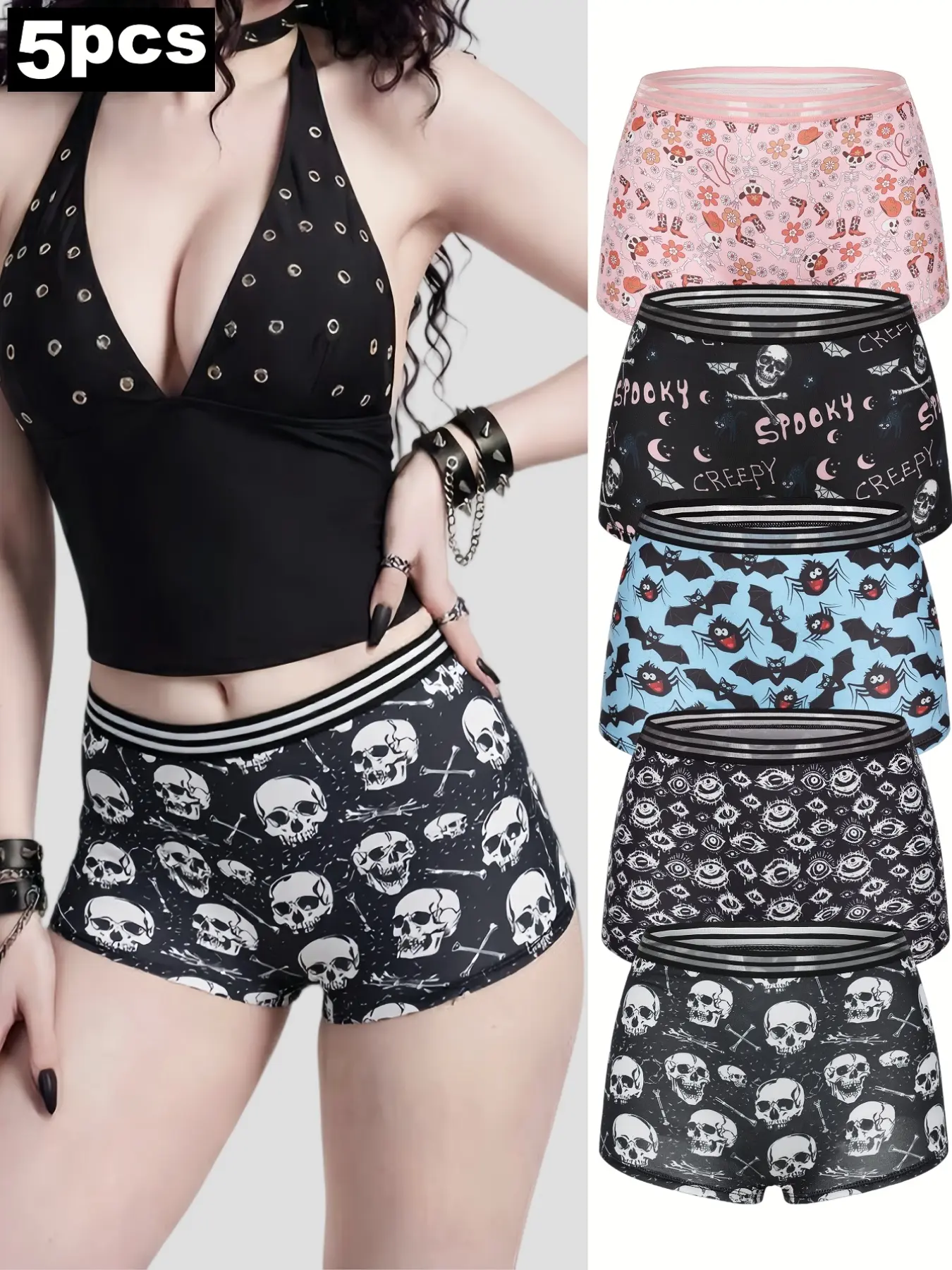 5-Pack Sweet Goth Halloween Women Boxer Shorts, Knicker, Soft Slim Fit Stretch Boyshort Underwear, Mixed Skull Crossbone, Bat, Spooky Slogan & Pink Floral Skeleton Print Striped Elastic Waist Lounge Panties for Alt Coquette Girls