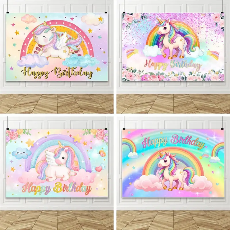 Unicorn Rainbow Birthday Party Banner - 2D Flat Polyester Backdrop with Cloud Star Design, Long-Lasting Indoor Outdoor Wall Decor, Vibrant Girls Birthday Party Photography Background