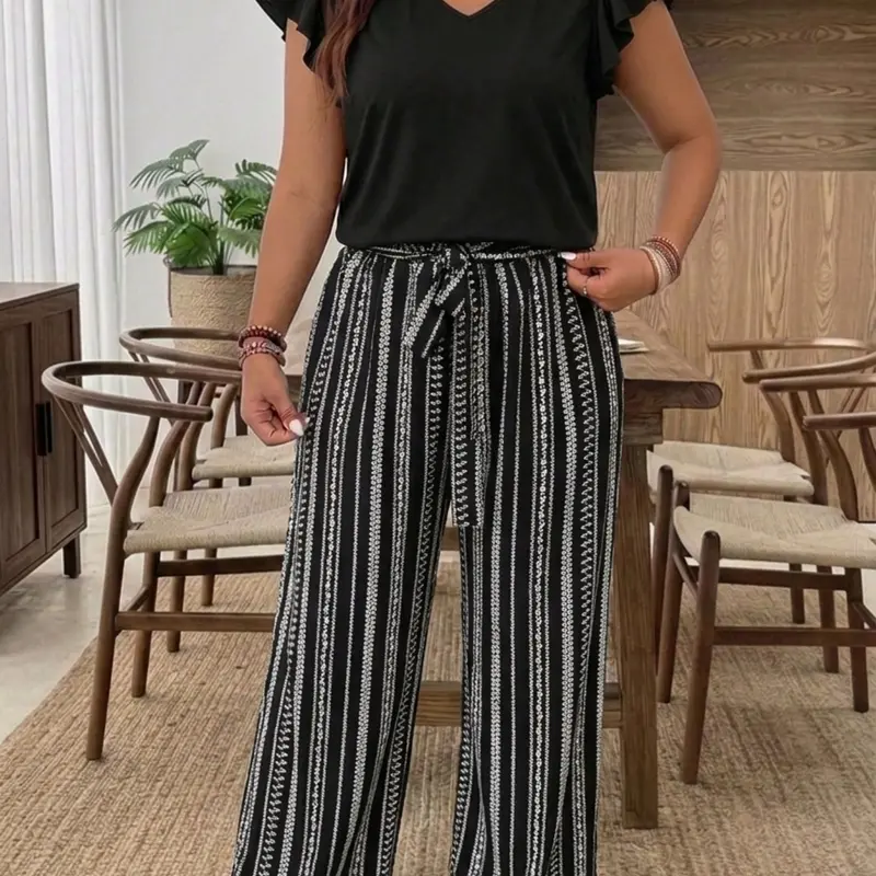 Plus Size Women's Summer Lightweight 2-Piece Outfit Set, V-Neck Ruffle Sleeve Top & High-Waisted Striped Wide-Leg Pants with Pockets, Slimming & Elongating Fit, Two Piece Outfit
