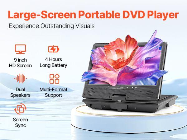 VEVOR Portable DVD Player 9 in HD Swivel Screen 4 Hours-in Battery