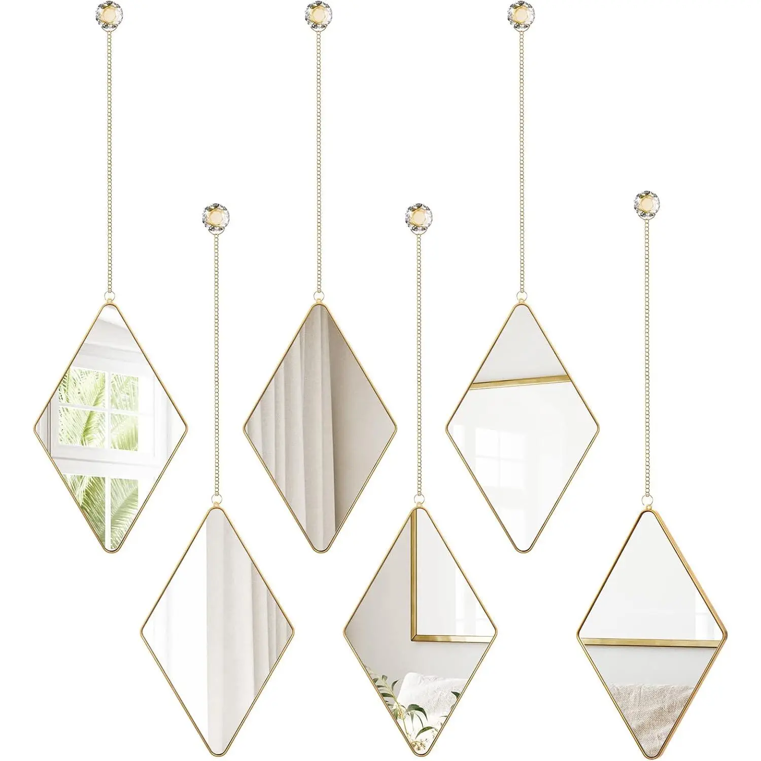 Suzile Gold 6-Pcs Crystal Glass Wall Mirror Set with Metal Chain Hanging & Diamond Handle Frame, Default Size Farmhouse Decor for Home Entryways Living Room, Diamond Shape