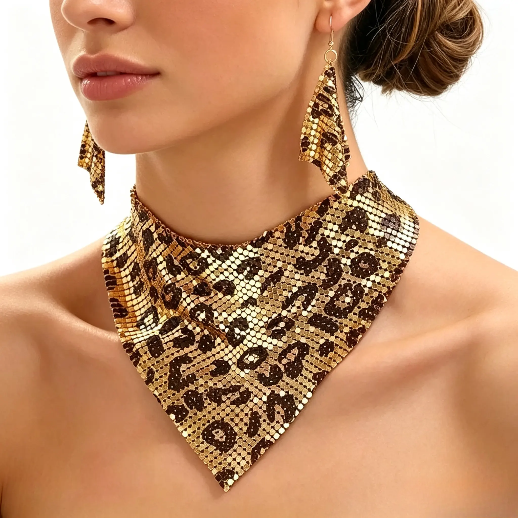 Women’s Leopard Print Metal Mesh Bandana Choker & Geometric Earring Set, Bold Statement Jewelry, Shiny Sparkly Accessory for Daily Outfits, Night Club & Party Looks