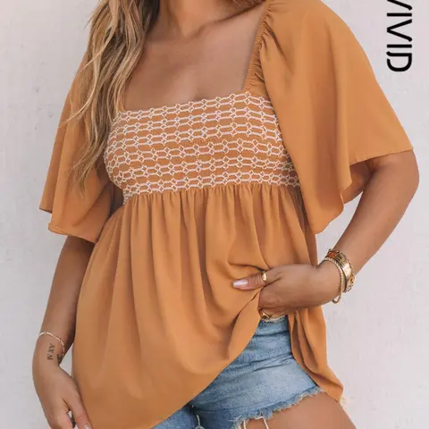 Women's Casual Elegant Solid Color Square Neck Smocked Front Wide Sleeve Flowy Short Sleeve Lightweight Blouse for Summer, Womenswear, Top, Blouses Shirts