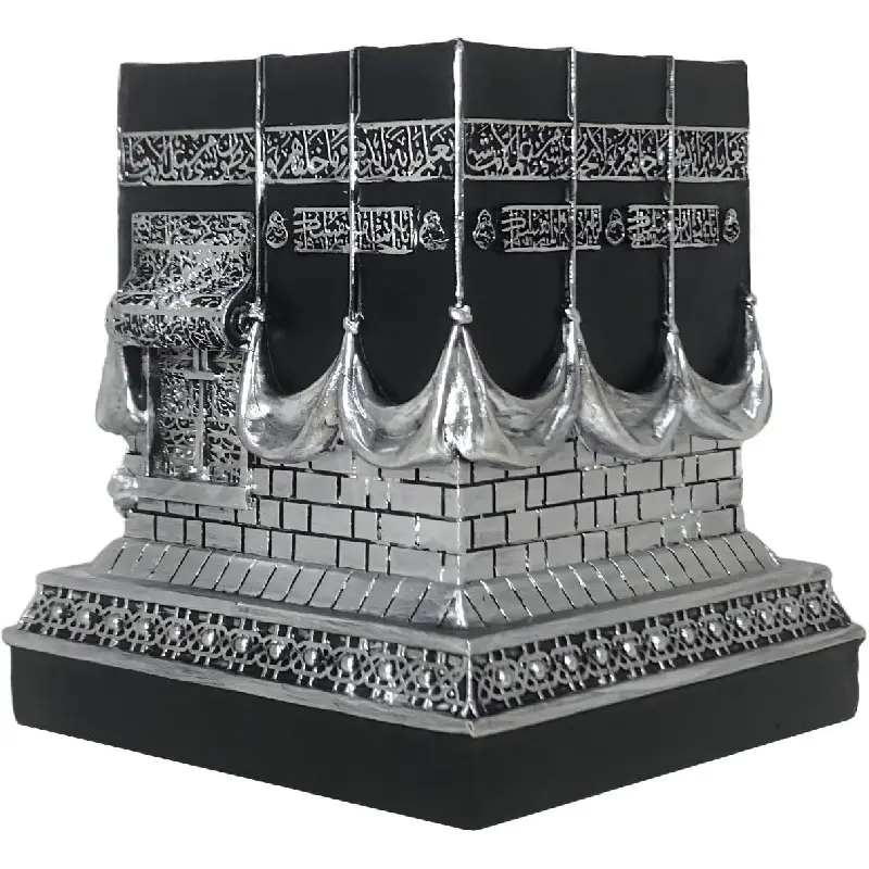 Small Resin Islamic Kaba Replica Model - Art Deco Home Table Decoration with Inscriptions, Golden-Black Prayer House Showpiece, Muslim Eid Umrah Gift (Silver)