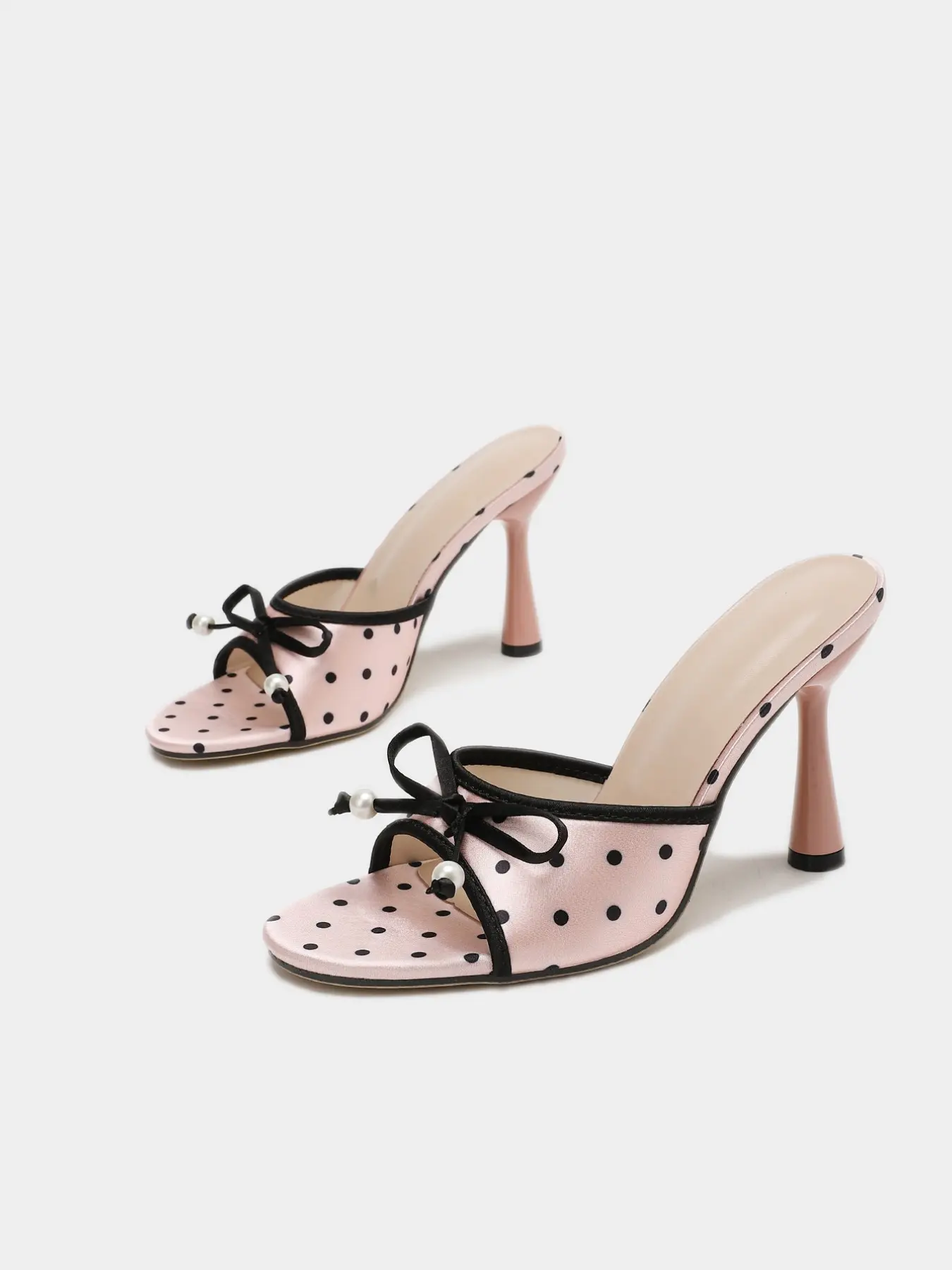 Women's Polka Dot Open-Toe Mules, Satin Finish High Heels, Exquisite Heels, Bowknot Design Sandals, Elegant Sandal, Bow Tie and Pearl Decor, Perfect for Parties and Dates