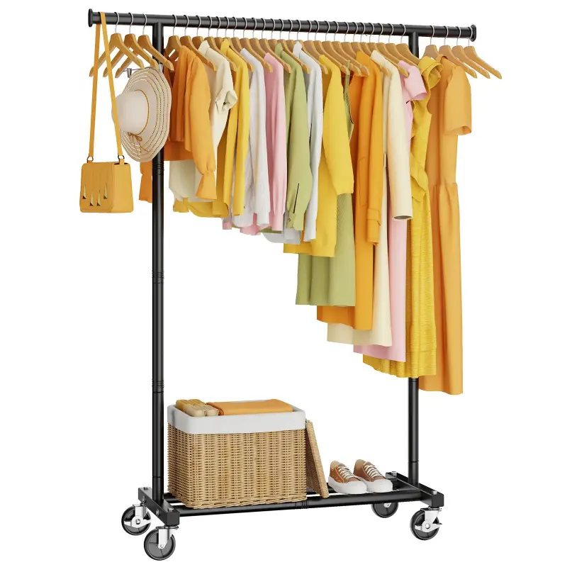Metal Frame Compact Rectangular Portable Rolling Clothes Rack with Storage Baskets, Wheels, No Assembly Required Freestanding Mobile Space-Saving Garment Organizer