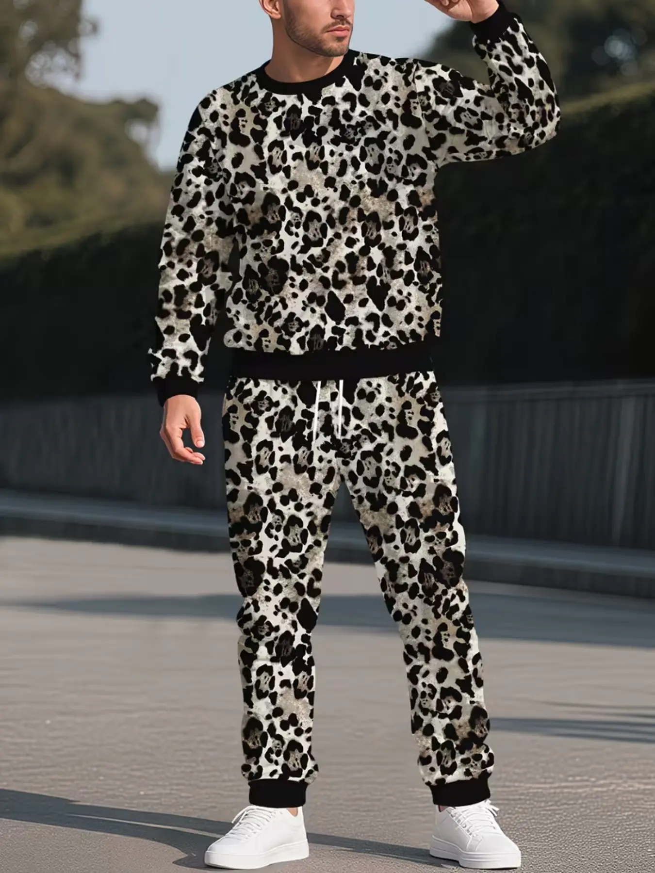 Men's Leopard Print Long Sleeve Sport Set, Loose Fitted Sweatshirt and Ankle Pants, Casual Fall Winter, All Seasons Wear