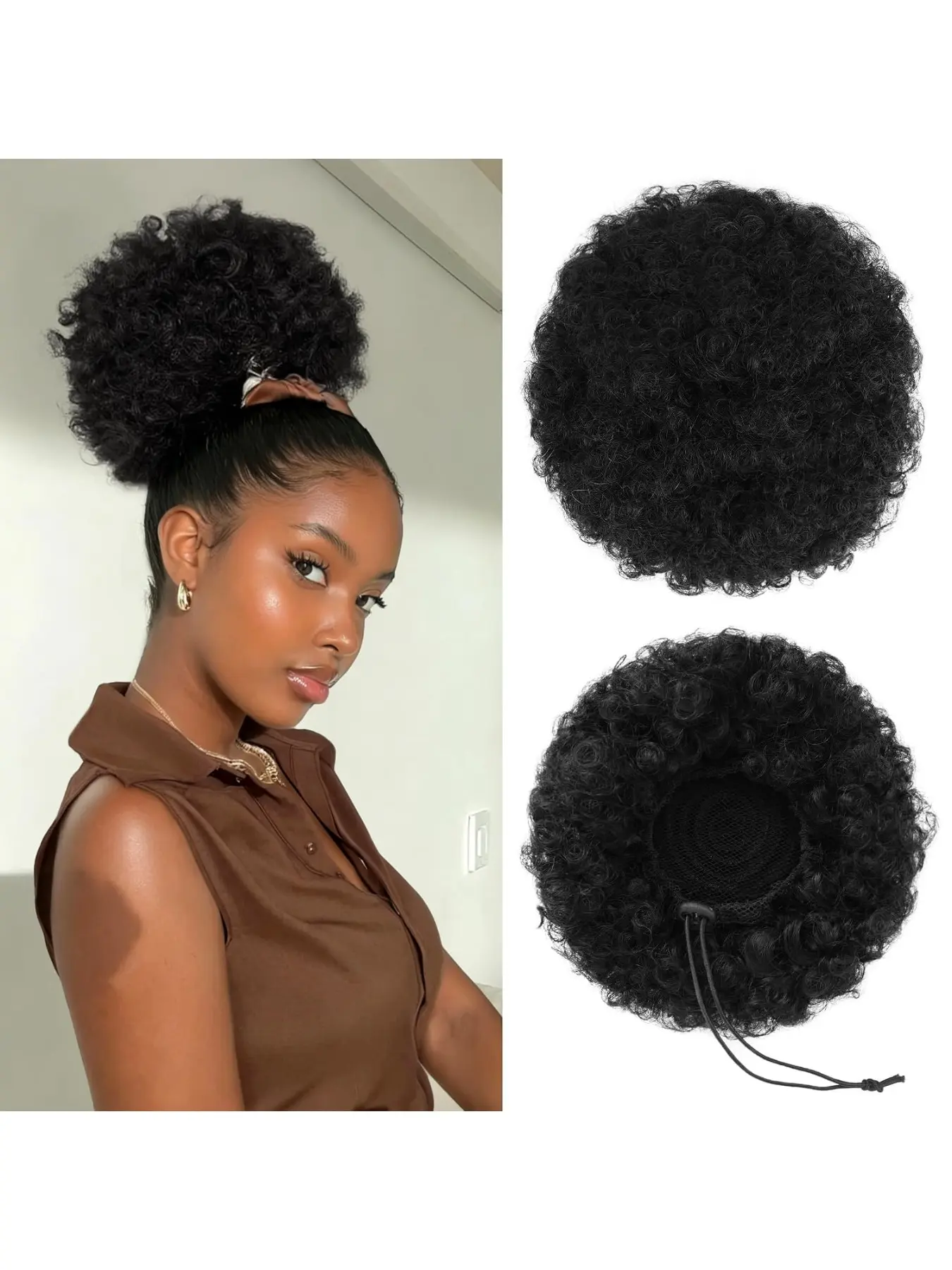 Afro Puff Adjustable Drawstring Ponytail Extensions for Black Women, High Puff Short Ponytail Bun, Afro Kinky Curly, Lightweight, Natural Looking