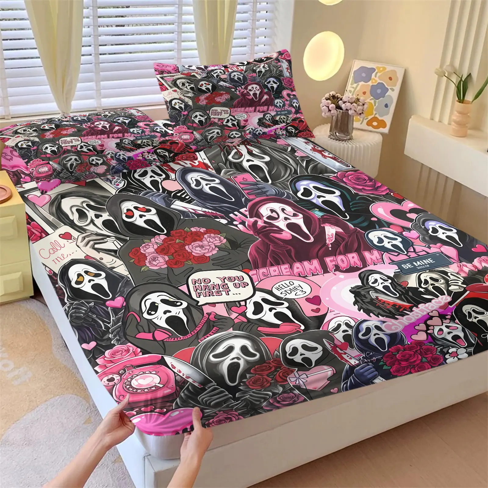 3Pcs Pink Sweet Cool Ghost Face Print Fitted Sheet Set-Soft Wrinkle-Resistant Bedding-Combine Thriller Lines & Romantic Valentine's Day Symbols-Horror Fans, Edgy Sweet Girl's Bedroom Dorm or Holiday Decor