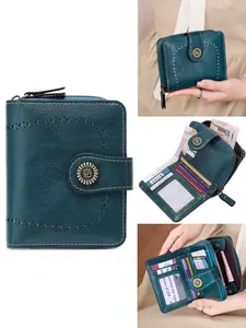 Ladies' Retro Double Fold Wallet, RFID Anti-Theft Brush, Multifunctional Wallet, Large Capacity, Coin Purse, With Card Slot And Zipper Pocket, ID Window, Credit Card ID Clip, Suitable For Daily Portable Use