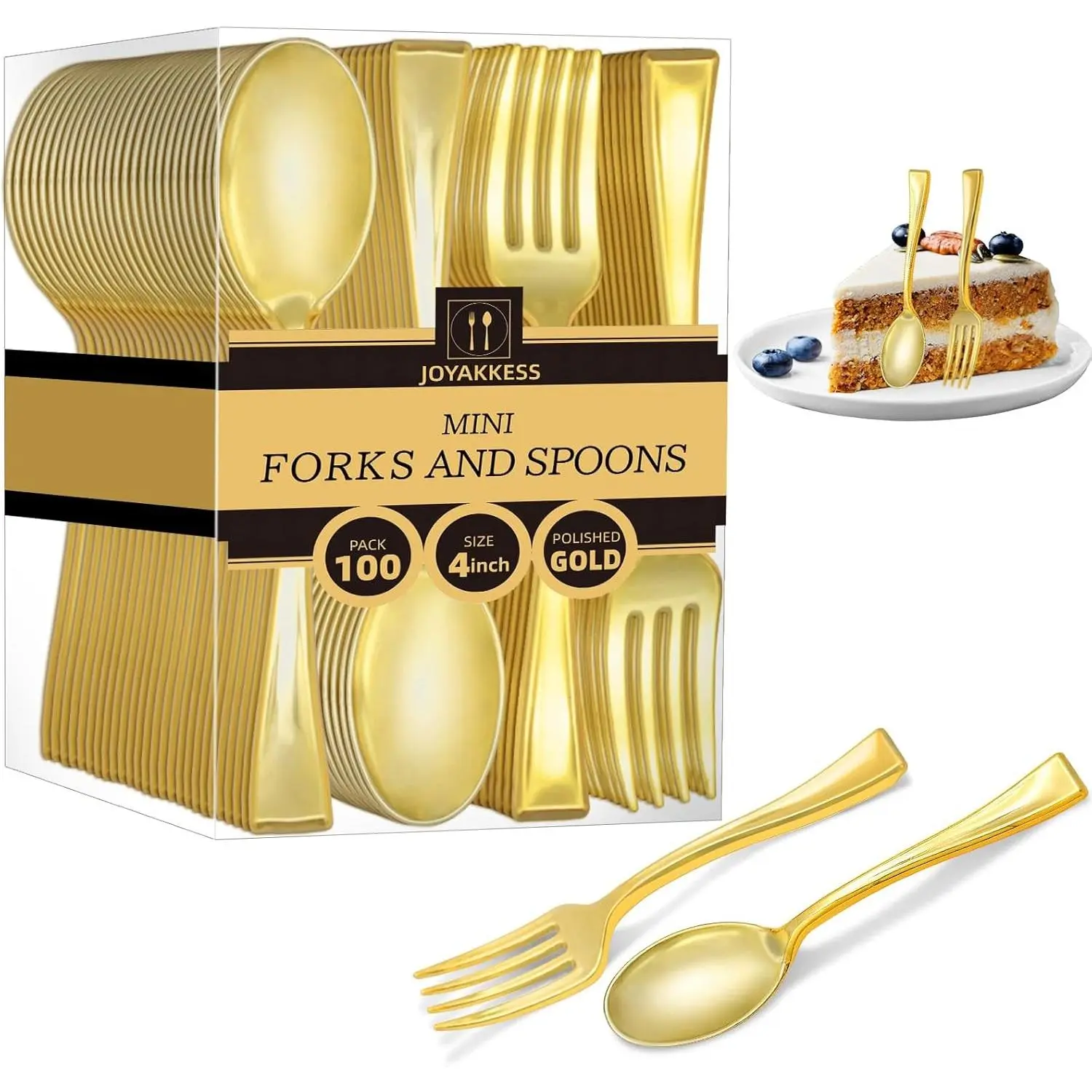 100 PCS Gold Mini Forks and Spoons (4 Inch), 50 Gold Dessert Forks And 50 Mini Dessert Spoons Heavy Duty Mini Cutlery for Appetizer, Tastings, Cocktails, Dessert Cups