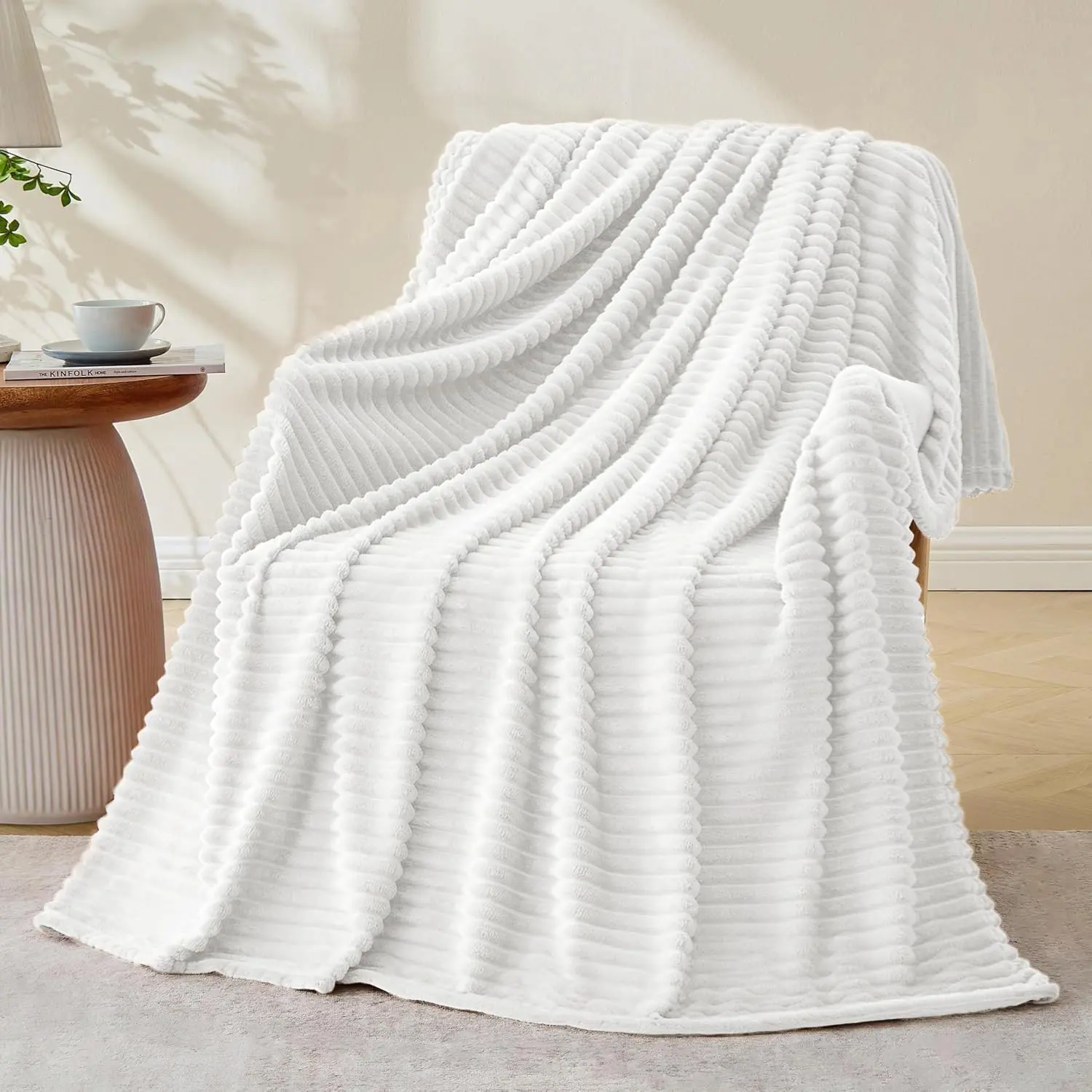 Fleece Throw Blanket for Couch, 300GSM Soft Warm Cozy White Throw for Adults & Kids, Stripe Pattern 50"x60", All Season Sofa Bed Blanket for Home Decor