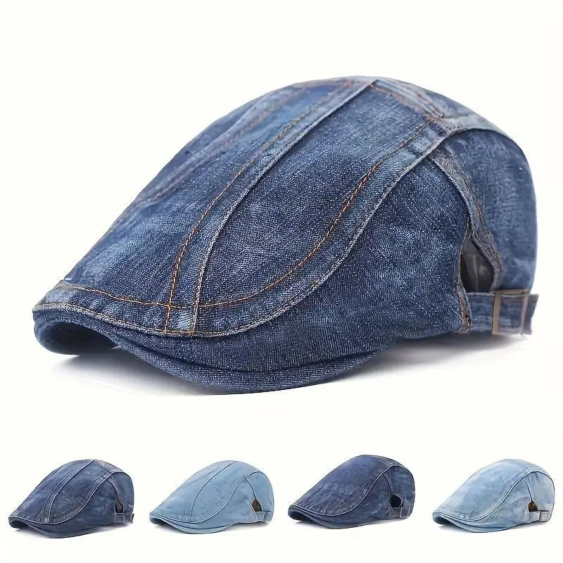 Unisex Plain Beret Hat, Vintage French Style Washed Denim Painter Cap, Elegant Hat with an Adjustable Band for a Universal Fit, One Size