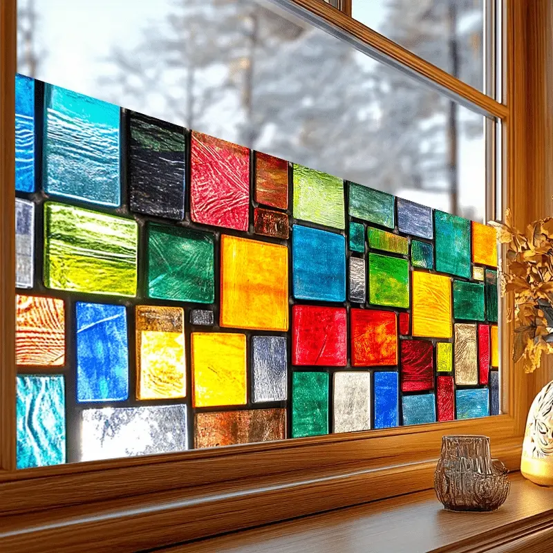 1pc Modern Irregular Geometric Pattern Colorful Glass Decorative Window Film, PVC Static Cling, Privacy Protection for Living Room/Bedroom/Kitchen/Bathroom/Home Decor, Holiday Party Decoration, 39.4" x 17.7", Static Cling Window Film