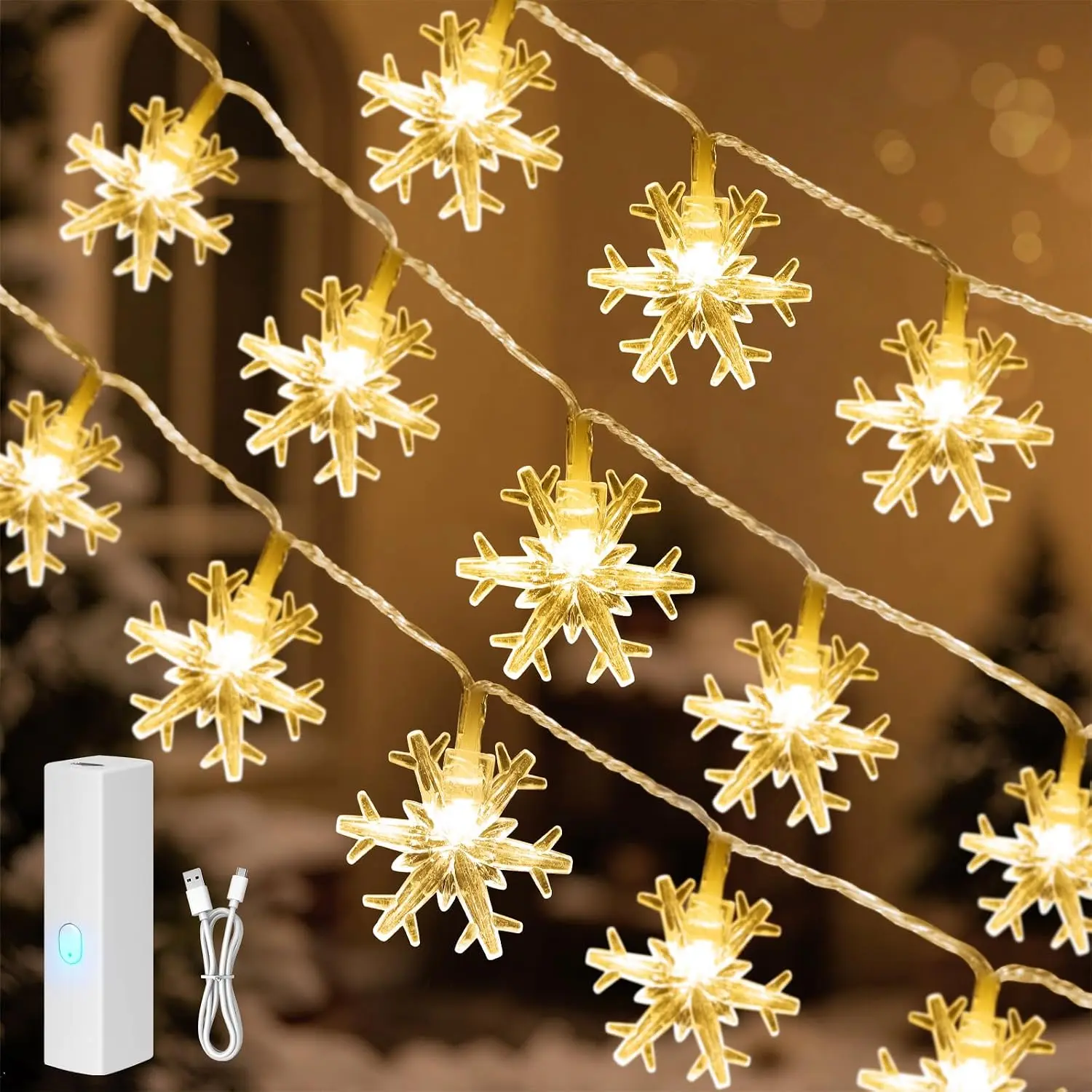 Rechargeable Snowflake Christmas Lights, 20FT 40 LED Fairy Lights  Operated with 8 Modes & Timer,  Snowflake String Lights for Xmas Bedroom Party Christmas Decorations Warm White