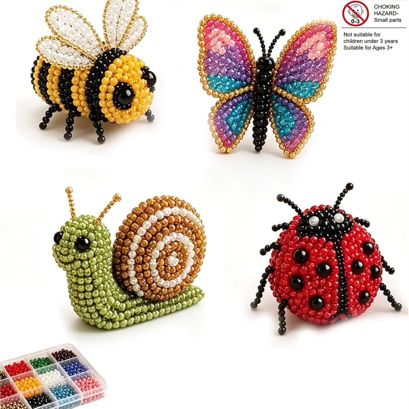 ✨3D Beading DIY Craft Kit – Two Options Available: Full Bead Embroidery Supplies for 4 Birds or Insect Set (Bee, Ladybug, Butterfly, Snail). Handicraft Kit for Relaxation and Stress Relief, Parent-child DIY Gift Set, Creative Desktop Ornament & Handmade P