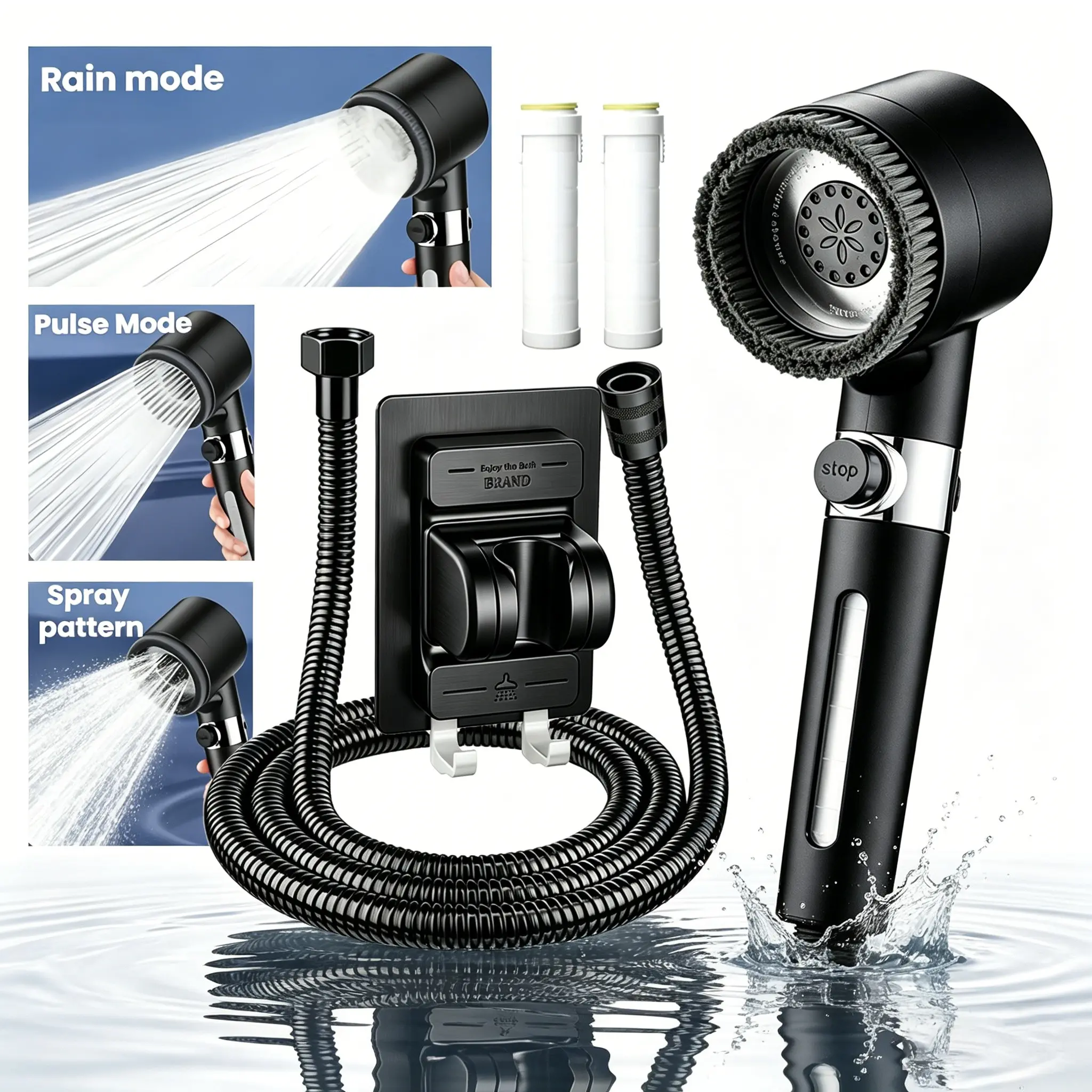 High-Pressure Handheld Shower Set with 3 Spray Modes, One-Button Shut Off, 2 Replacement Filters, Stainless Steel Hose, Hard Water Softener, Pressure Showerhead