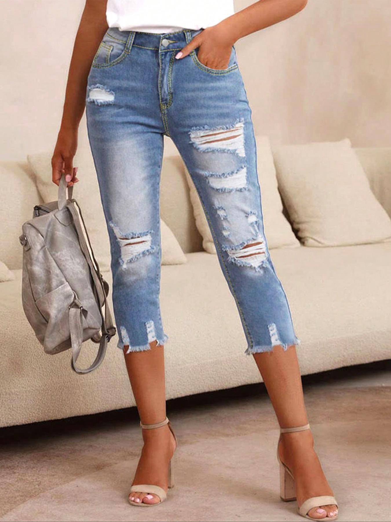 Women's Plain Ripped Raw Hem Skinny Jeans, Casual Pocket Button Cropped Capris Denim Pants for Summer, Capri Pants, Fashion Women's Denim for Daily Wear