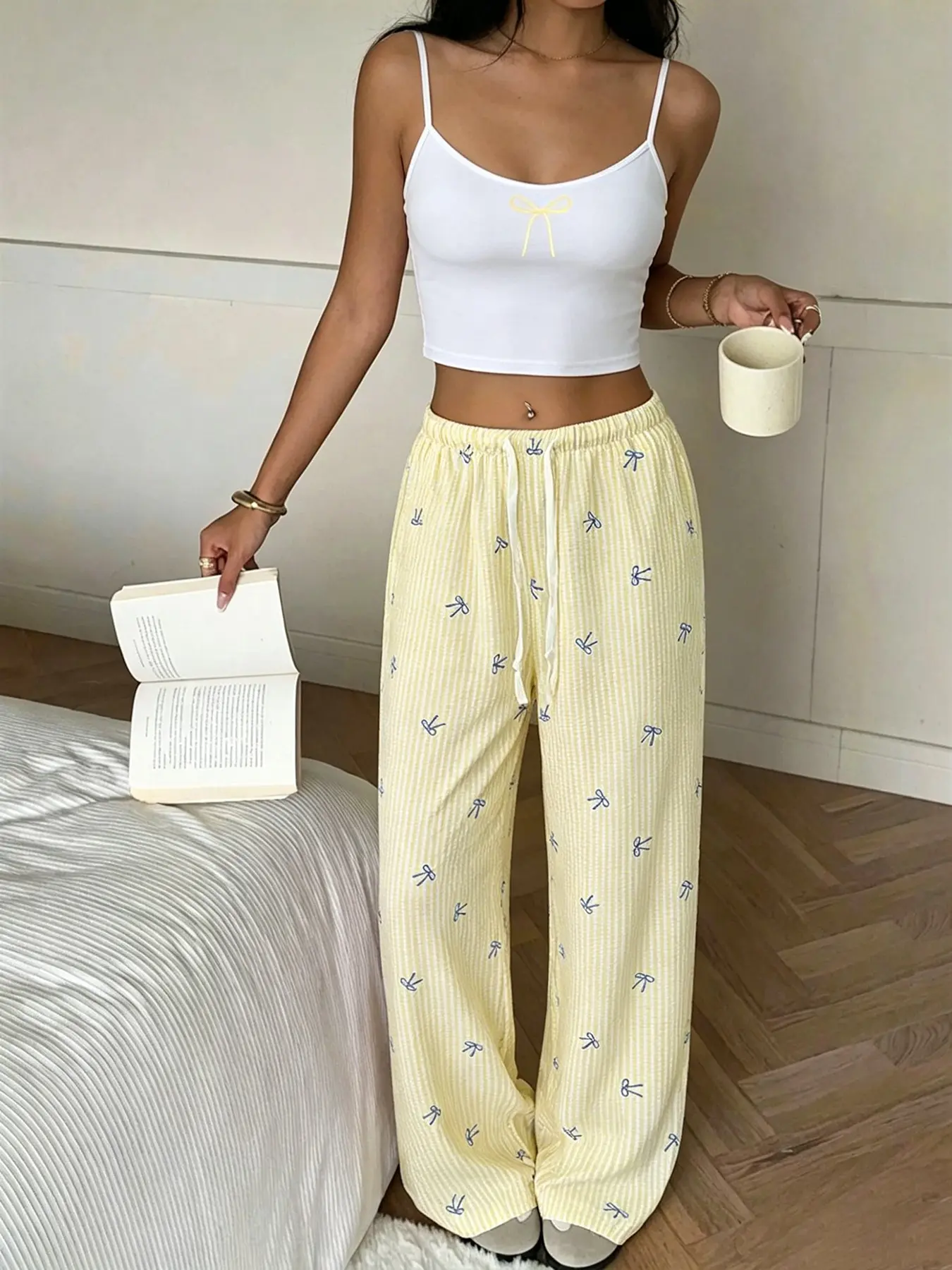 Y2K cute bow print striped loungewear set, camisole tank top and wide-leg pants, casual soft breathable homewear, everyday home outfits, summer stylish pajama set, Casual Comfy Pyjama, Casual Pajama Sets