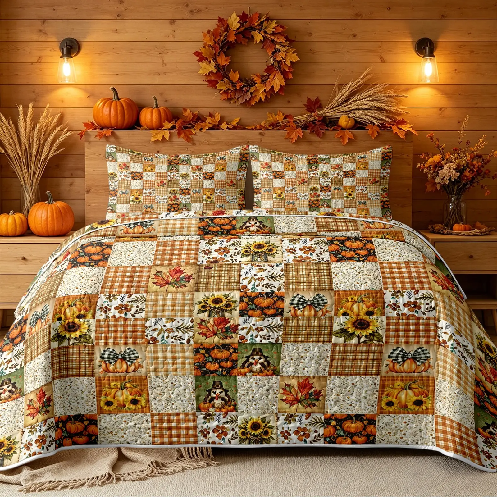 3Pcs Autumn Pumpkin Sunflower Patchwork Quilt Set Includes 1 Quilt and 2 Pillowcases Grid Patchwork Design Mixed With Pumpkins Sunflowers Maple Leaves And Turkey Pattern Harvest Thanksgiving Style Reversible Lightweight Bedding No Inner Filling All Season