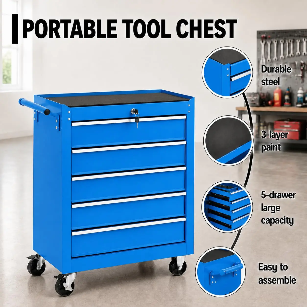 Garvee Rolling Tool Chest with Wheels, 26 in 5-Drawer Tool Box Storage Cabinet/Tool Cart - Lockable - Drawer Liners - Mobile Garage & Workshop Organizer