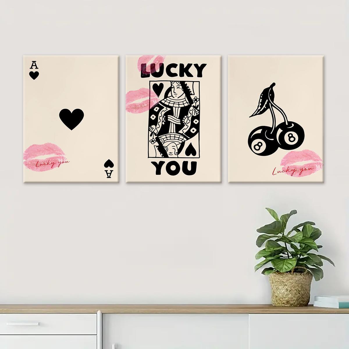 Wooden Framed Canvas Painting, 3 Counts/set Lucky Card Pattern Wall Art, Fashion Art Wall Decor, Modern Art Design, Home Decoration Poster for Living Room, Bedroom