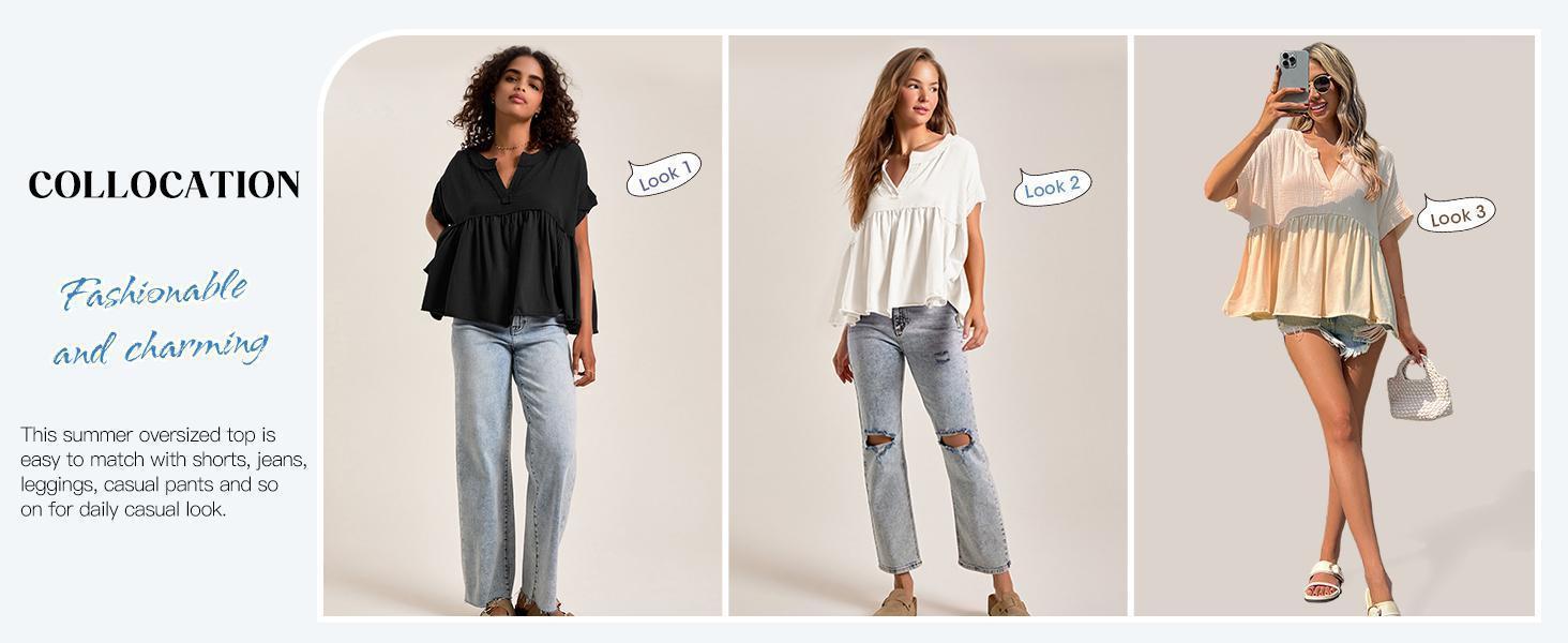 Imily Bela Womens Summer Babydoll Tops V Neck Short Sleeve Pleated Flowy Shirts Casual Loose Fit Peplum Blouse