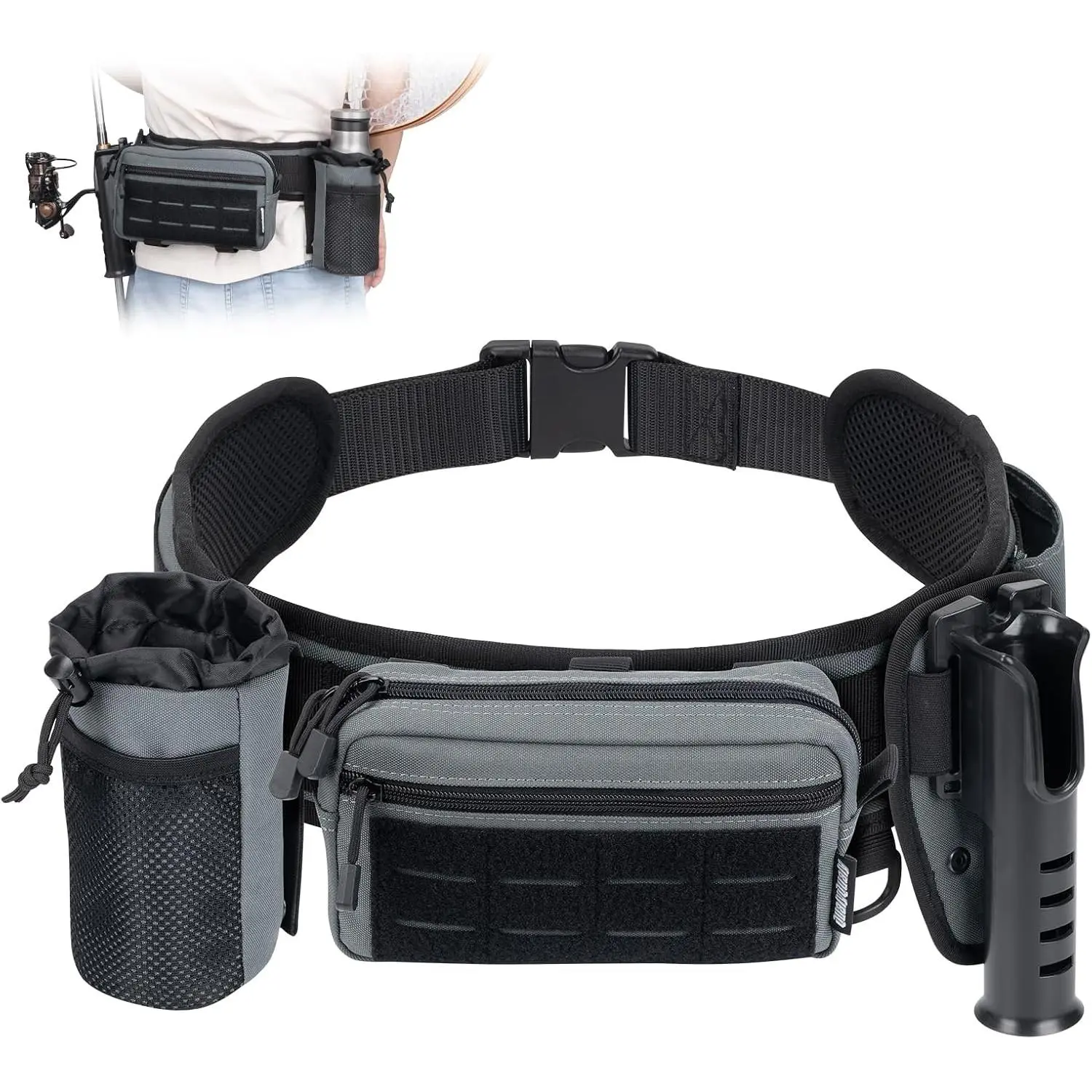 Fishing Wading Belt with Rod Holder &  Pack – Adjustable Fishing Belt with Detachable Tackle Bag Fishing Tool Tackle