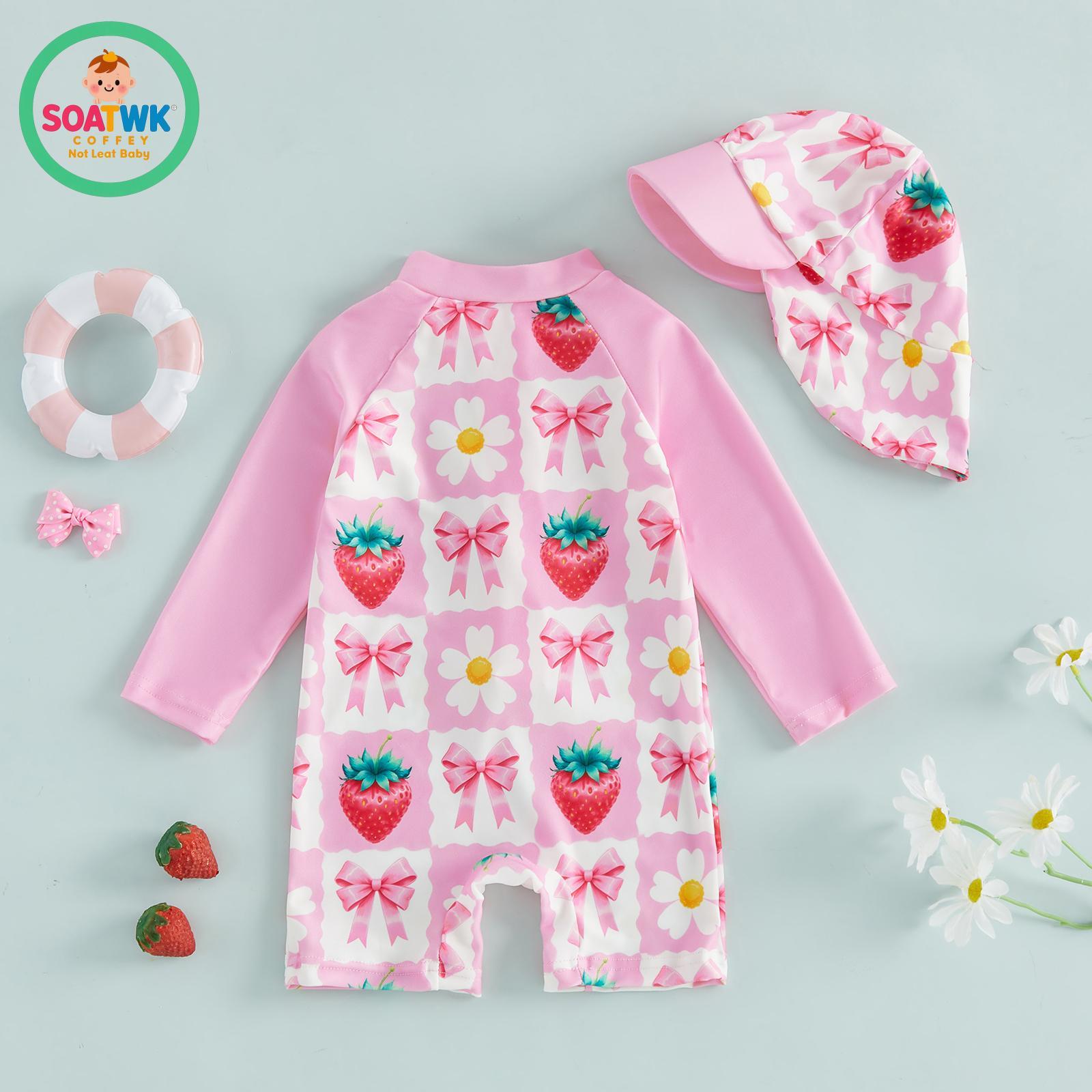 Kids Girl Rash Guard Swimsuits Strawberry Bow Floral Print Long Sleeves Swimwear and Swim Cap for Toddler