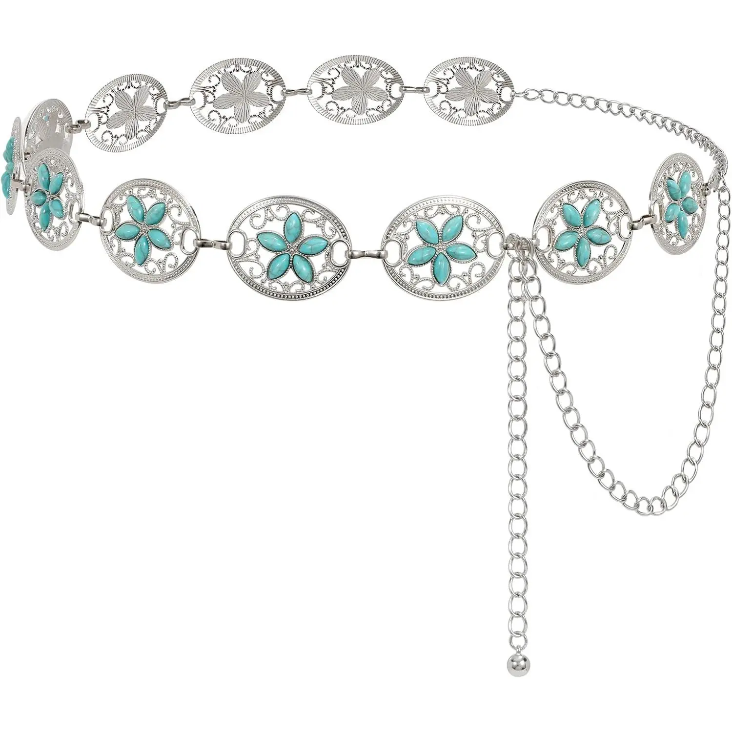 Vintage Western Boho Turquoise Flower Concho Waist Chain Adjustable Metal Chain Belt For Women Cowgirl Festival Outfit