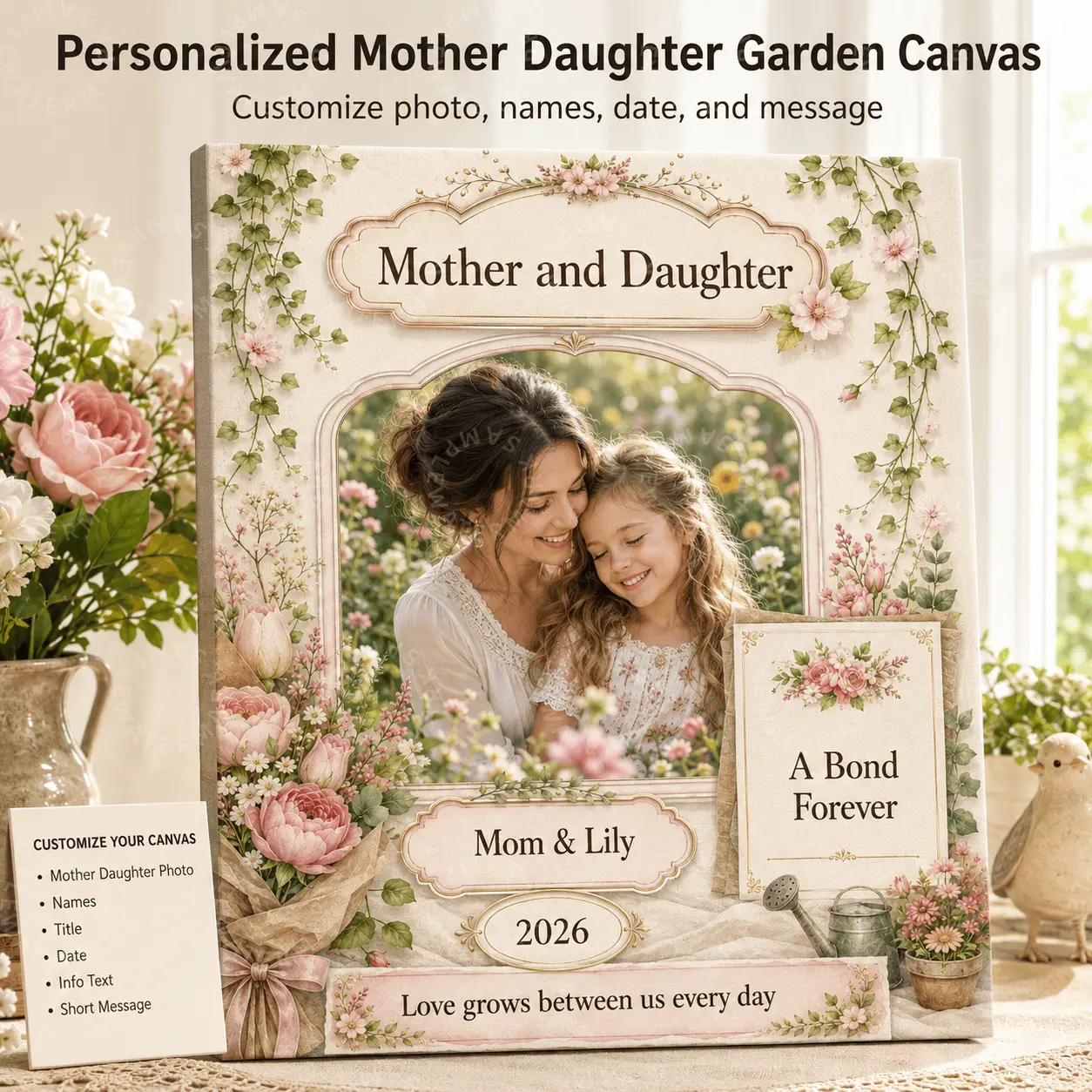 Personalized Mother Daughter Garden Canvas, Custom Photo Names Date Message Floral Wall Art, Soft Vintage Botanical Gift for Mom, Aesthetic Poster, Bedroom Living Room Nursery Office Wall Decor