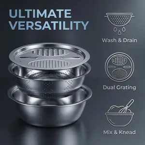 Stainless Steel Multi-Functional Grater Sink Set, Includes Cleaning Brush, Kitchen Vegetable Chopper, Drainer, Dough Storage Kit