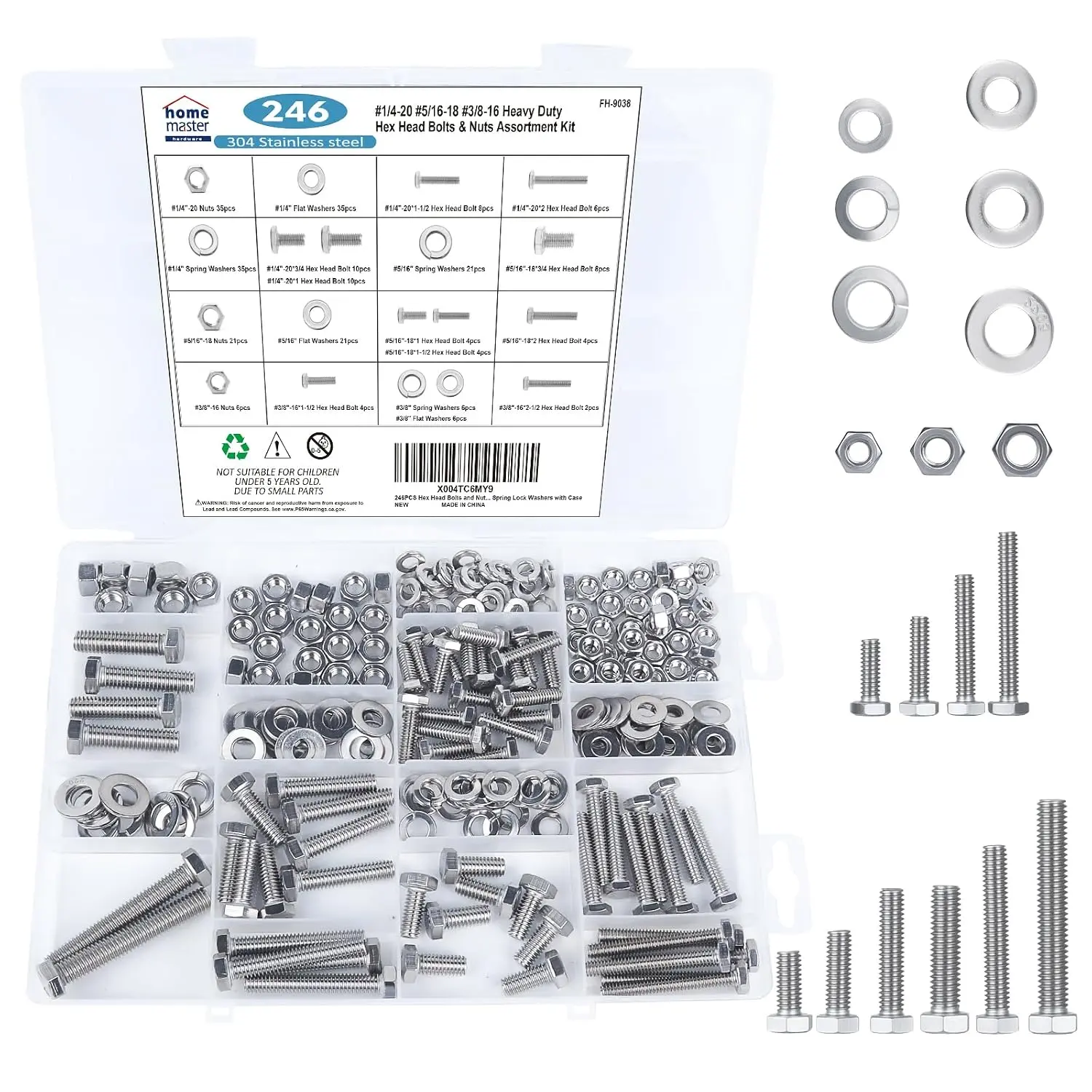 246Pcs Hex Bolts and Nuts Assortment Kit,1/4-20, 5/16-18, 3/8-16 Assorted Bolts Nuts and Washers Kit, 304 Stainless Steel Machine Screw Sets for Home, Auto, Electronic & Industrial Repair with Case