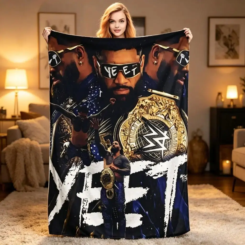 Jey Uso YEET WWE Champion Collage Pattern Flannel Throw Blankets Cooling Blankets Cooling Blanket Duvet Bedding Bed Accessories Comforter Set Ultra Soft Cozy Multi Purpose Decor Blanket Iconic Wrestling Design for Bed Sofa Bedroom Gamer Room Dorm Home Hol