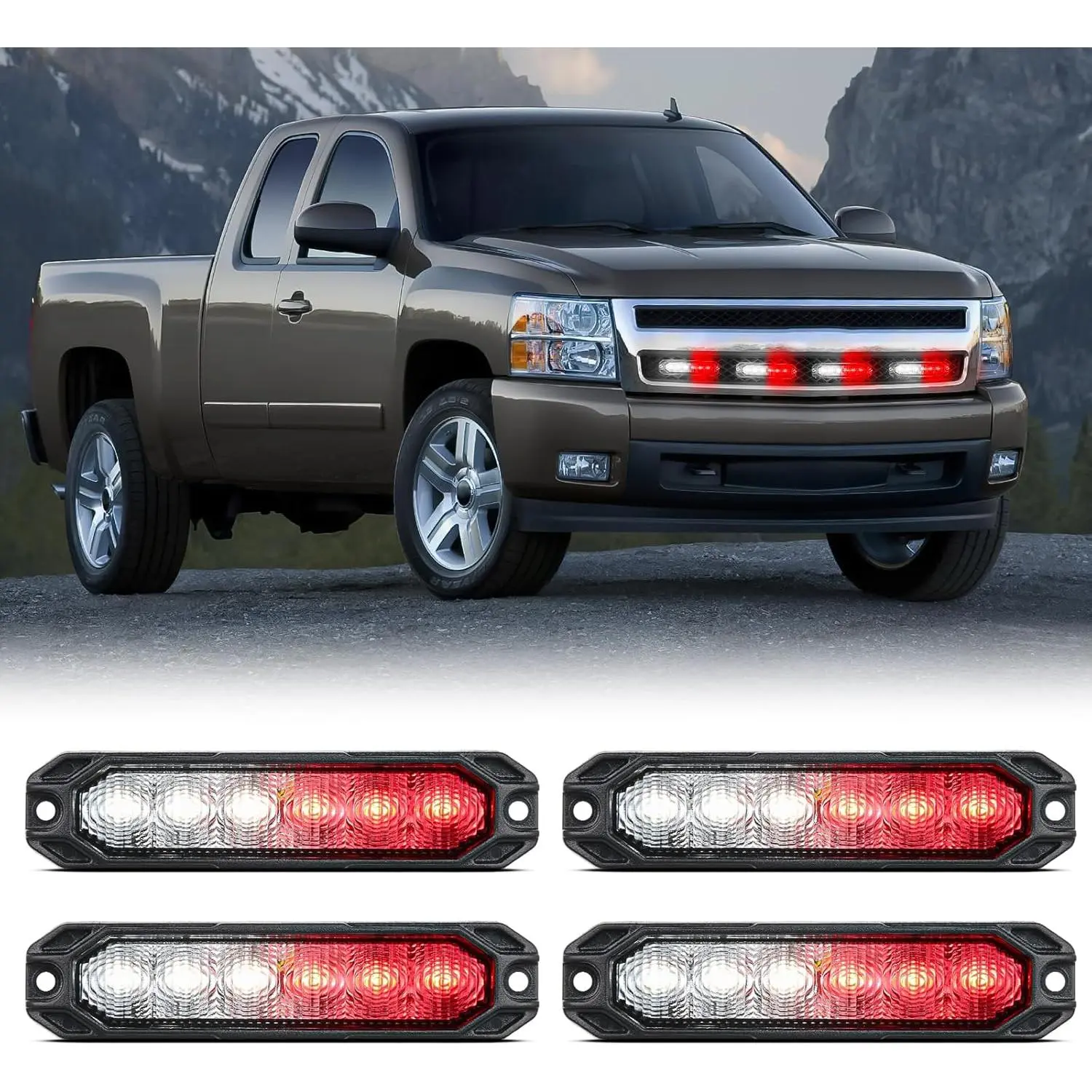 Nilight 4-Piece 6LED Strobe Light Kit - Ultra Slim Surface Mount Flashing Lights with Sync Function, 12-24V for Trucks, Pickups, Cars, SUVs, Motorcycles, ABS-Compatible, Day and Night Use (Red & White)