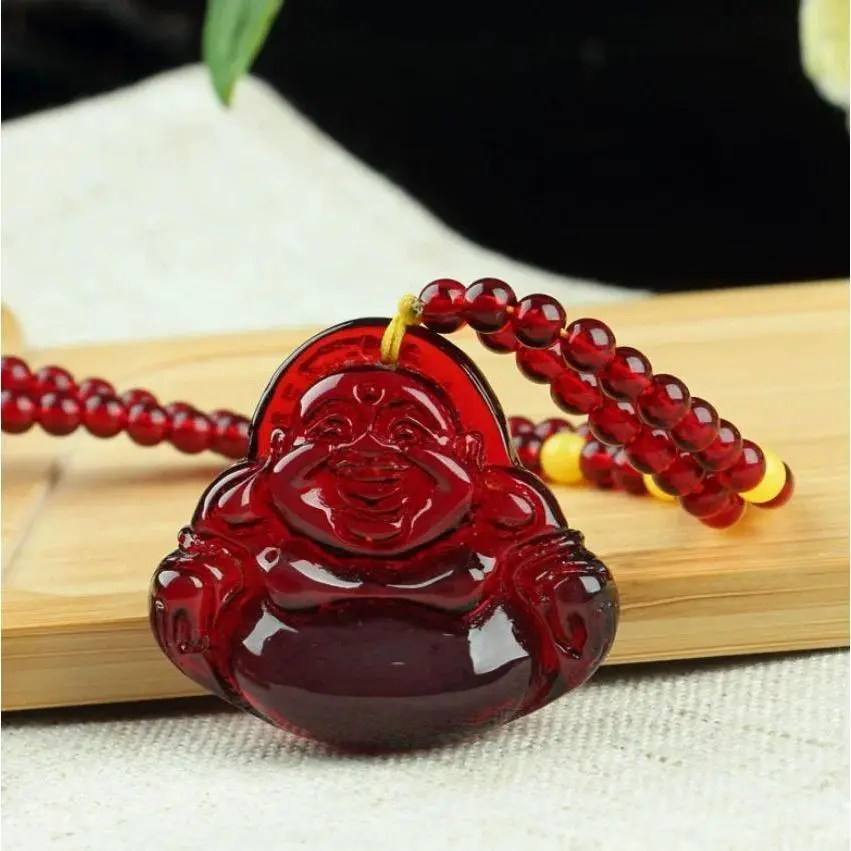 Long Necklace with Religious Guanyin Buddha Resin Pendant for Women, Red Amber-Color Sweater Chain Jewelry
