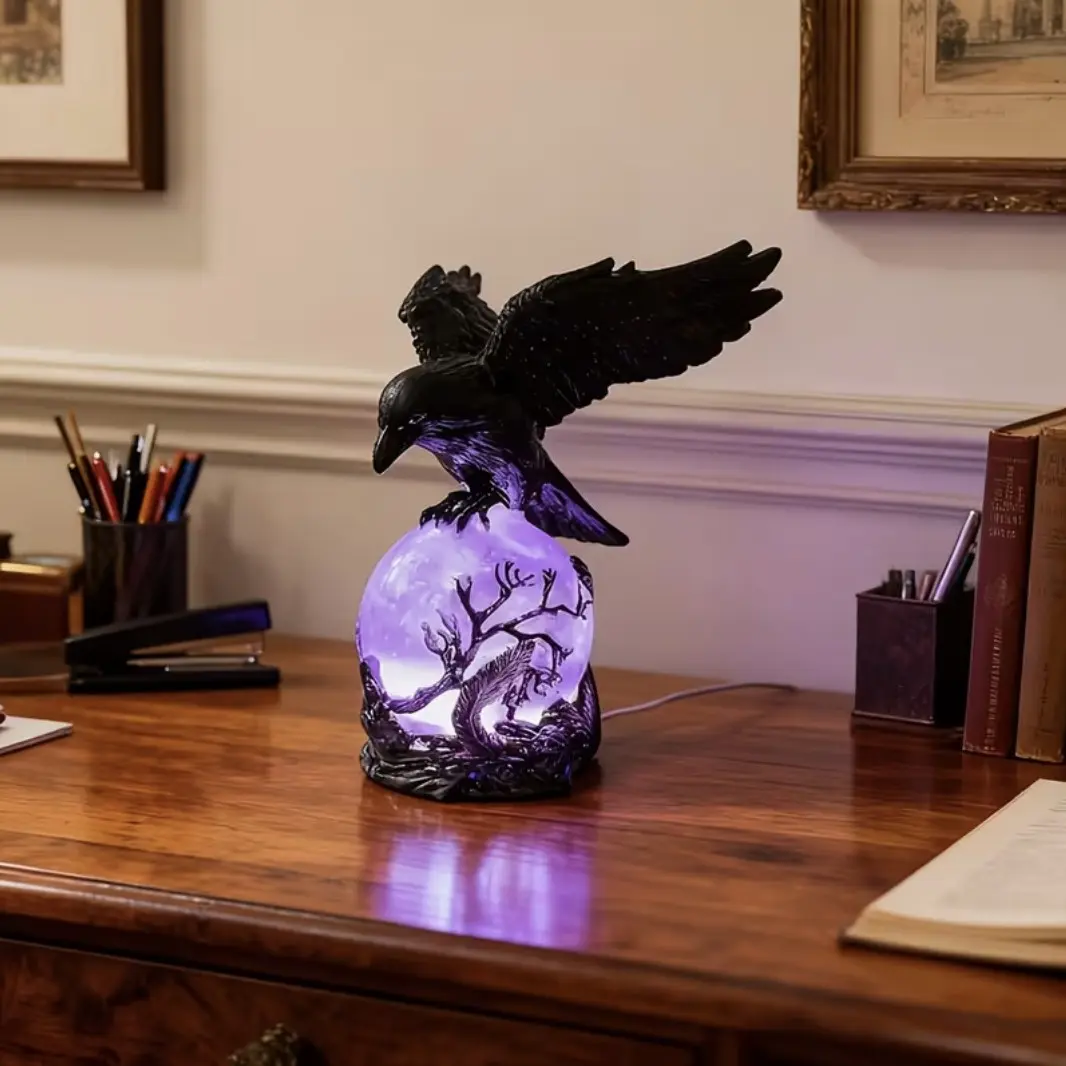 Gothic Resin Crow Night Light, USB-Powered Crow Table Lamp with Magenta Glowing Thorn Orb. Dark Vintage Decor Bedside Lamp. Suitable for Christmas and year-round decor. A unique gift for goth collectors, book lovers and Halloween enthusiasts.