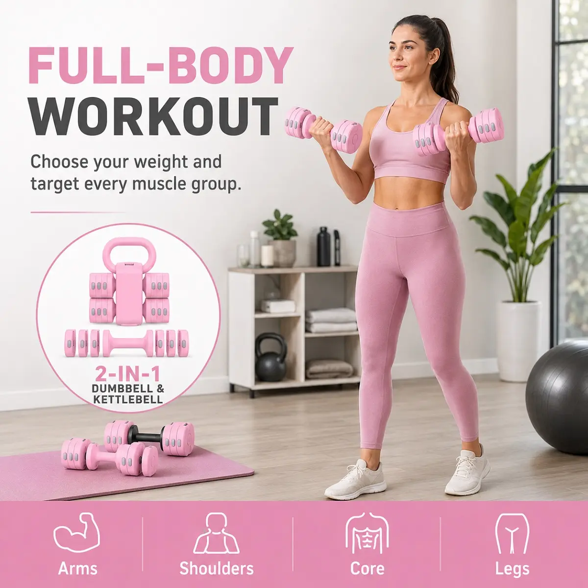 Adjustable 2-in-1 Dumbbell & Kettlebell Set - 4 Weight Settings, Unisex Home Resistance Training Equipment for Full Body, Upper Body Workouts & Toned Arms