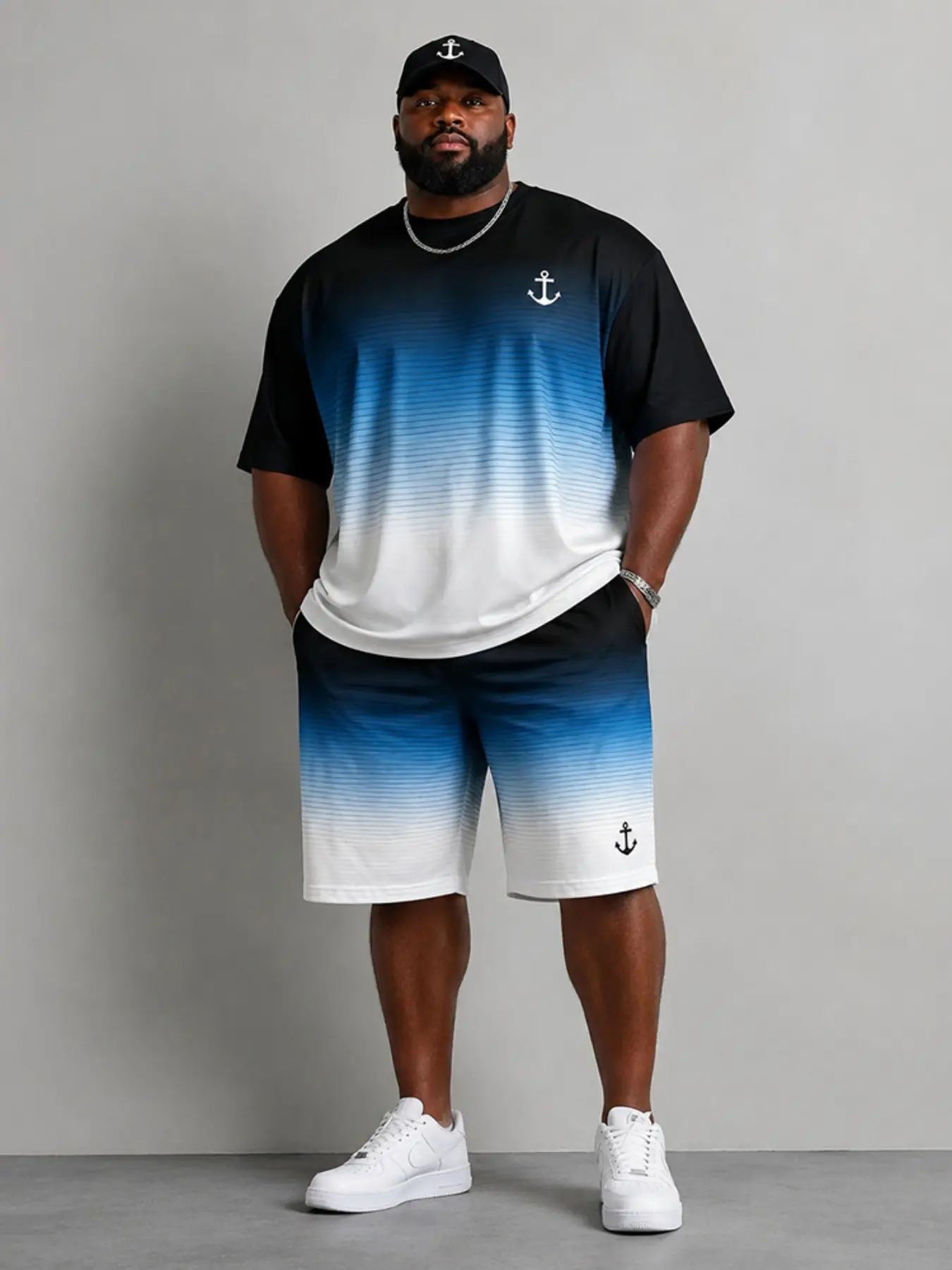 Men's Two-Piece Set, Gradient Stripes Anchor Print, Loose Fit for Plus Size, Summer Breathable Comfort, American Nautical Style